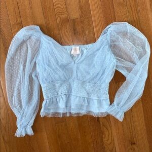 Audrey Parks Francesca's Baby Blue Lace Polka Dot Top Crop Sheer Off Shoulder